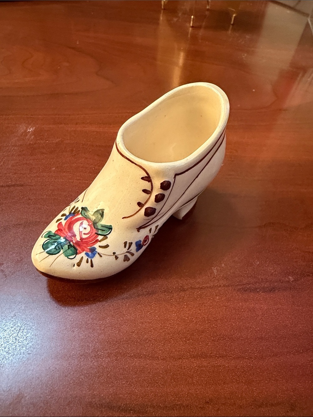 Antique Hand-Painted Cream Ceramic Shoe with Red Floral Design